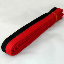 In some schools, the red-black belt denotes a bo-dan rank; in other schools, it denotes a poom rank. The black edge is always worn on top.