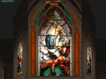 An example of stained glass, depicting St. Michael as he casts a demon out of Heaven.