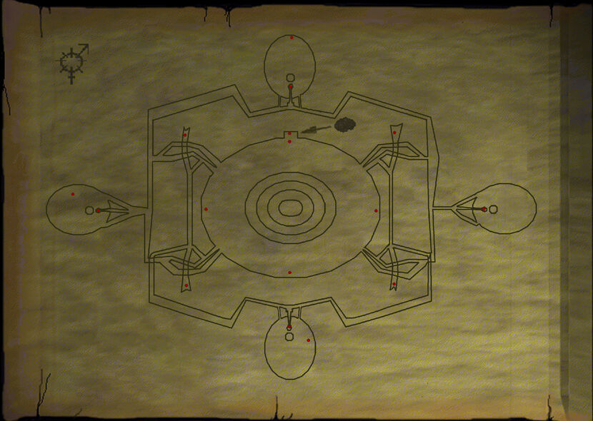 A full and accurate map of Sheol's brain area with brains marked with red dots.