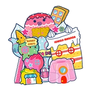 Artwork of some of Berry Town's buildings