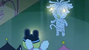 Mametchi and his friends encountering Ms. Houtaiko in the school at night