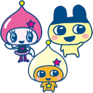 Tamagotchi m!x artwork of Mametchi, Himespetchi, and a child featuring traits of both.