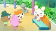 Young Lovelitchi singing to a small crowd, as seen on the Tamagotchi! Anime.