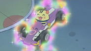 Shimashimatchi dreaming that he is driving a racecar, from episode 12 of Let's Go! Tamagotchi