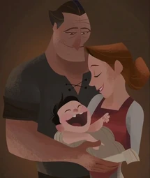This shows a painting of young Ulla on the right side and her husband Quirin on the left side of the portrait. They are both smiling,holding up a laughing, baby Varian swaddled in a white cloth in their arms.