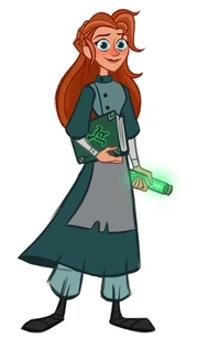 Ulla is standing in her dress and apron smiling. She is holding her journal in her right hand looking distantly at an angle.
