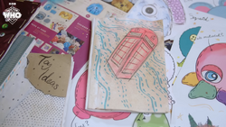 A drawing of a London telephone box - evidently based upon the TARDIS - on one of Rose Noble's sketch books. (DOC: A Tour of Rose's Shed)