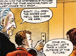 In a colour reprint of the story, the Doctor opens the TARDIS doors.