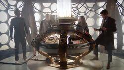 The Tenth Doctor’s TARDIS adopts the War Doctor’s interior design as it compensates for the three Doctors. (TV: The Day of the Doctor [+]Steven Moffat, 50th Anniversary Specials (BBC One, 2013).)