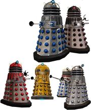 A Dalek Drone, the Executioner, the Scientist, the Emperor, the Prime Strategist and the Time Commander