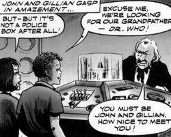 The first appearance of the Doctor in the medium of comics, alongside his grandchildren John and Gillian.