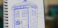 Kirby Buckets' drawing of the TARDIS in blue pen on his notepad. (TV: Untitled [+]Disney XD promotional videos Disney XD promotional video (Disney XD, 2015).)