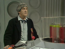 The Second Doctor in his TARDIS during his mission to Space Station Camera. (TV: The Two Doctors [+]Robert Holmes, Doctor Who season 22 (BBC1, 1985).)