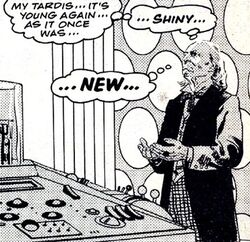 The Doctor and the TARDIS regressed by a space amoeba. (COMIC: Timeslip [+]Dez Skinn and Paul Neary, DWM Comics (Marvel Comics, 1980).