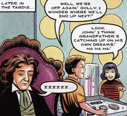 After their adventure, the trio return to the TARDIS. (COMIC: The Land of Happy Endings [+]Scott Gray, DWM Comics (2003).)