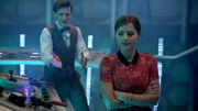 Clara and Eleventh Doctor around TARDIS console Journey to the Centre of the TARDIS