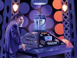 The Doctor and Wolsey in the control room of an alternate version of the TARDIS he used for a time. (PROSE: Human Nature [+]Paul Cornell, Virgin New Adventures (Virgin Books, 1995).)