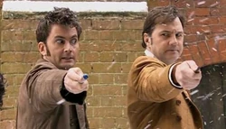 The  and , immediately after using the exclamation simultaneously. (:  [+]Russell T Davies, Doctor Who Christmas Special 2008 (BBC One, 2008)