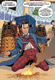 The Doctor sees his sonic screwdriver destroyed. (:  [+]Alan Barnes, DWM Comics (Panini Comics, 2022-2023)