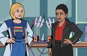 Thirteenth Doctor and Yaz in UNIT HQ laboratory in Lost in Time