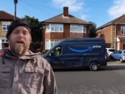 An Amazon Prime van in "". (:  [+]Trevor Spencer, Hellscape (BBV Productions, TikTok and YouTube, 2023)