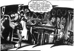 The Doctor hurries into the secondary control room. (COMIC: The Mutants [+]John Canning, TVC comic stories (1977).)