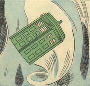 The green TARDIS travels through time.