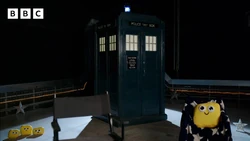 The TARDIS finishes materialising.
