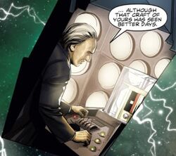 The First Doctor pilots his TARDIS. (COMIC: The Lost Dimension [+]George Mann, et al., Titan summer events (Titan Comics, 2017).)