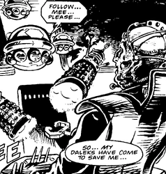Believing he is being saved by his faction of loyalists, Davros escapes.