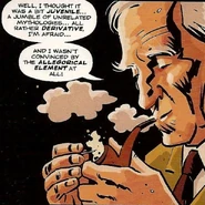 J.R.R.Tolkien.jpg (171 KB) Nice: Widescreen is a basic impossibility here, because the image is trying to capture a man smoking a pipe, and the pipe appears well below the man's chin. But the balloons are captured in their entirety, and the image is still dominantly of the person. At thumbnail levels you still have a clear image of the subject. Note that in the original, the very top of the word balloon has a straight edge, because it encounters the top of the panel frame.