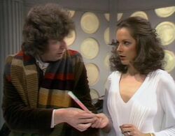 The Doctor and Romana’s first incarnation in the TARDIS. (TV: The Ribos Operation [+]Robert Holmes, Doctor Who season 16 (BBC1, 1978).)