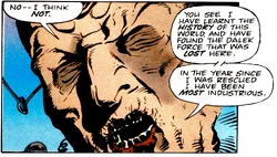 Close-up as Davros refuses to surrender to the Black Dalek.