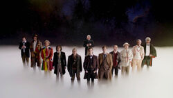 The Doctor dreams of all his past incarnations looking up at Gallifrey.