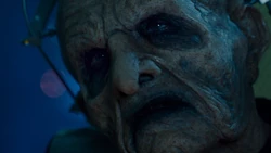 Davros opens his original eyes, with obvious difficulty.