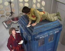 The Doctor and Adric measuring the police box. (TV: Logopolis [+]Christopher H. Bidmead, Doctor Who season 18 (BBC1, 1981).)