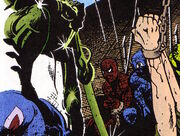 Spider-Man and  in a . (:  [+]Alan Moore, Captain Britain crossovers (Marvel UK, 1983)
