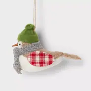 Fabric Bird with Green Hat Christmas Tree Ornament (Plaid Wing)