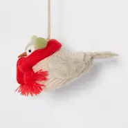Fabric Bird with Green Earmuffs Christmas Tree Ornament