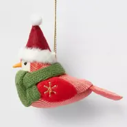 Fabric Bird with Red Hat and Red Stripes Christmas Tree Ornament