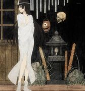 Yuuko in her ghost outfit drawn in painting-style.