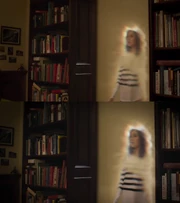Kyra walking through the wall (top: as originally seen in "Uncharted Waters", bottom: as a flashback).