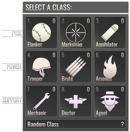The Class selection screen's distinct selection wheel, edited to remove team colors and display class roles.