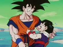 Gohan is reunited with  after being healed by a Senzu Bean.