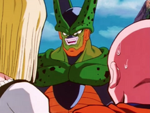 Cell confronts 18 and Krillin