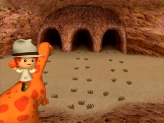 Riding on a dinosaur in the explorer outfit