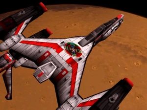 An F-7 Corsair in orbit over Mars