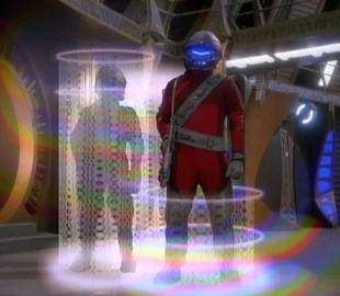 Soldiers in power armor returning to their ship via transit beacon