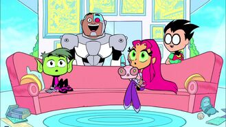 BB, Cyborg, Starfire, Silkie and Robin at the Living Room