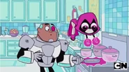 Pink Raven magics Cyborg's pancakes.